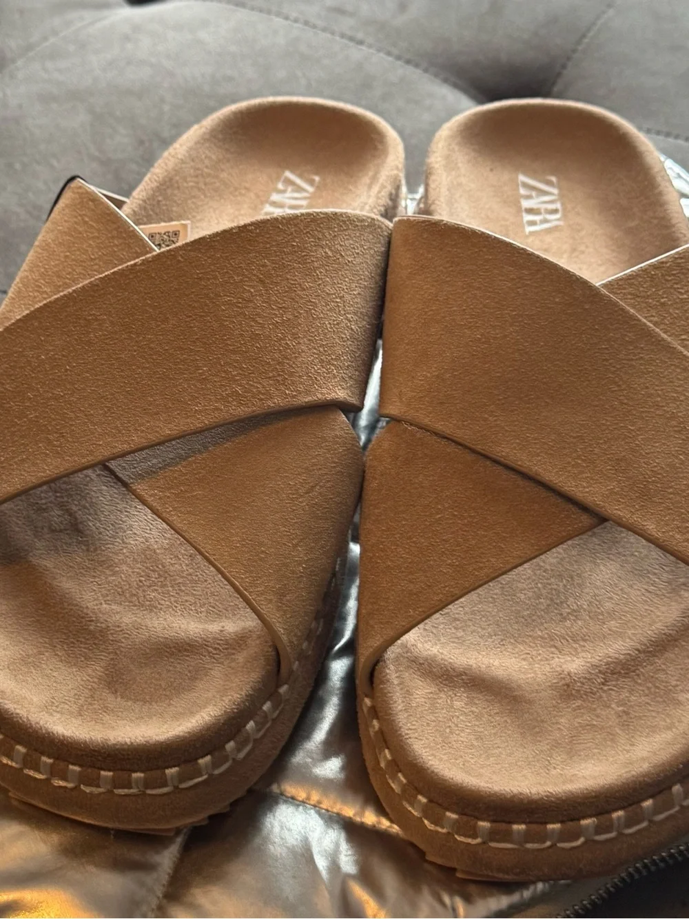 Zara Tan Suede Crisscross Slide Sandals